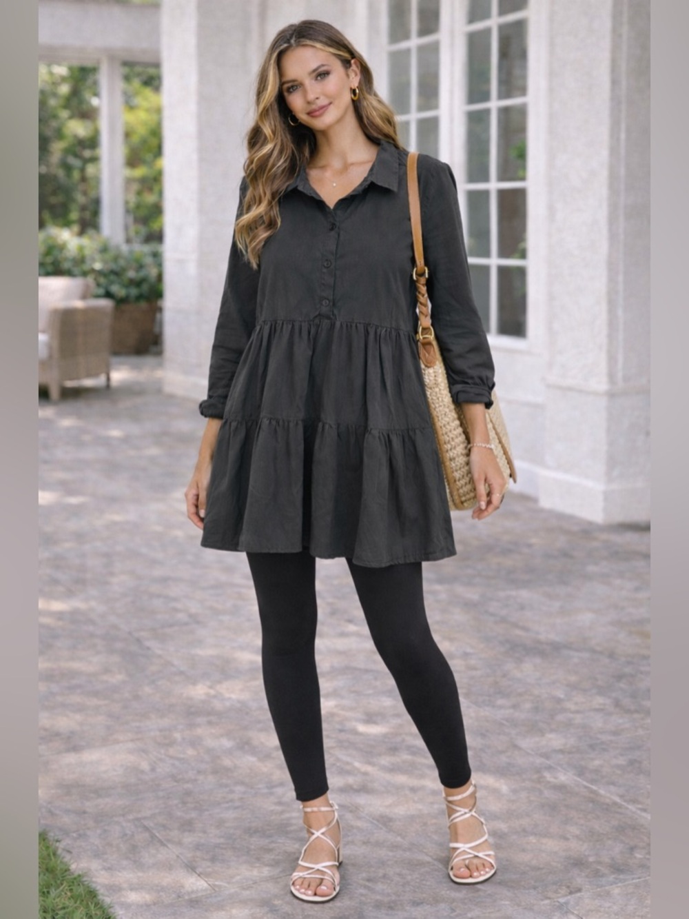 HYFVE Black Babydoll Tunic Dress Medium Tiered Button Front Casual